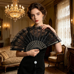 Black Lace Folding Fan, Handheld Fan with Pendant Tassel, Black Retro Lace Handheld Fan for Women'S Birthday Party Dancing Cosplay