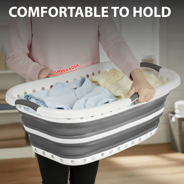 Large 37L Foldable Laundry Basket – Collapsible Clothes Hamper with Non-Slip Handles, Curved Space-Saving Design, Durable Plastic Laundry Storage for Home & Bathroom