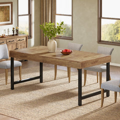 Farmhouse Dining Table for 4-6 People | 139.7 cm Industrial Rectangular Kitchen Dinner Table with Heavy-Duty Metal Legs, Rustic Brown, Multifunctional, Includes 1 Leaf, Assembled, by TRIBESIGNS