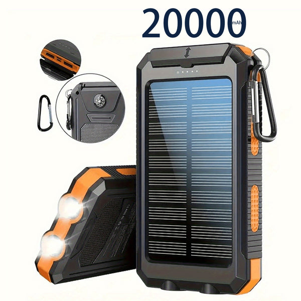 20000mAh Portable Solar Power Bank, Portable Solar Mobile Phone Charger, Camping External Battery Charger for Mobile Phones, 2 USB/ LED Flashlights with Compass for Outdoor Activities