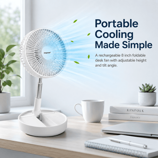 A2Z 8 Inch Rechargeable USB Foldable Desk Fan – Portable White Cooling Fan with Adjustable Height & Tilt, 5-Blade Quiet Operation, LED Indicator & Compact Design for Home, Office & Travel Use