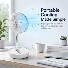 A2Z 8 Inch Rechargeable USB Foldable Desk Fan – Portable White Cooling Fan with Adjustable Height & Tilt, 5-Blade Quiet Operation, LED Indicator & Compact Design for Home, Office & Travel Use