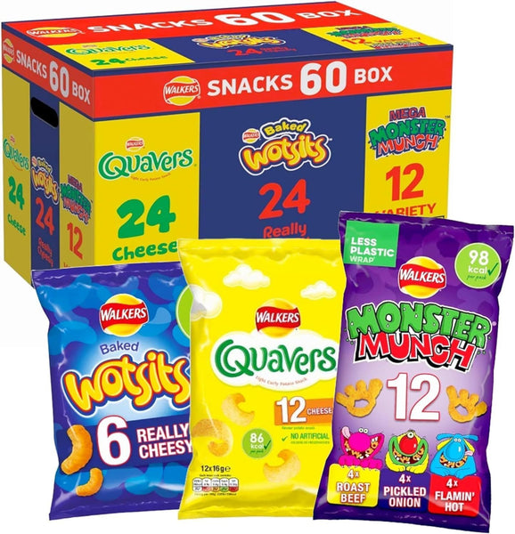Walkers Crisps 60 Pack Snack Variety Box Quavers Baked Wotsits Mega Monster Munch Crisps Snack Mix Party Box Multi-Pack