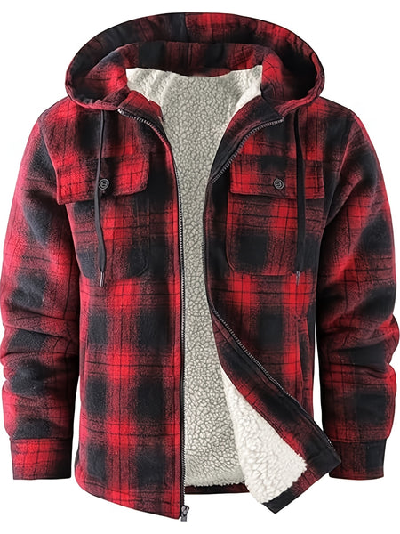 Men's Full-Zip Winter Sports Plaid Hoodie with Sherpa Lining, Warm Hooded Jacket