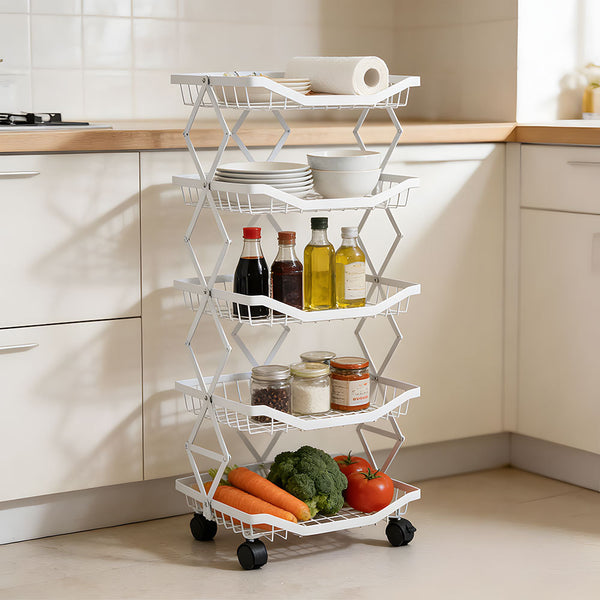 Foldable Kitchen Organizer Cart with 360° Rotating & Multi-Tier Shelves, Large Capacity Metal Vegetable Cart & Organiser - Portable, Space-Saving Storage for Pantry, Utility Room & Kitchen
