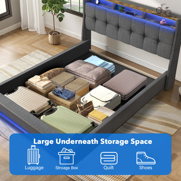 Upholstered Ottoman Bed/ 4 Drawer Storage Bed, 4ft6 Double Bed Frame with Storage & LED & USB, Gas Lift Up Storage Bed Hydraulic Upholstered Bed with Storage Headboard&Slats, Linen, No Mattress, Grey (Optional Purchase Of Mattress)