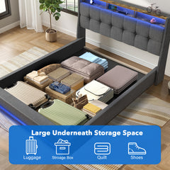 Upholstered Ottoman Bed/ 4 Drawer Storage Bed, 4ft6 Double Bed Frame with Storage & LED & USB, Gas Lift Up Storage Bed Hydraulic Upholstered Bed with Storage Headboard&Slats, Linen, No Mattress, Grey (Optional Purchase Of Mattress)
