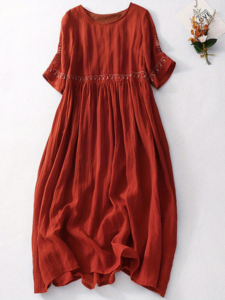 Women'S Long Dress, Elegant Short Sleeve Crew Neck Embroidered Loose Summer Casual Dress