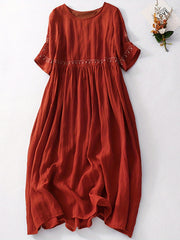 Women'S Long Dress, Elegant Short Sleeve Crew Neck Embroidered Loose Summer Casual Dress