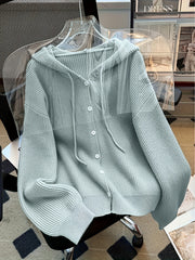 Hooded Button Sweater Cardigan, Spring Autumn Solid Color Casual Simple Open Front Soft Comfortable Elegant Women's Wear