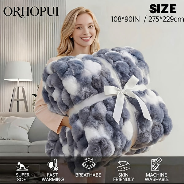 Luxury King Size Faux Fur Blanket, Double Sided Bubble Plush Throw, Machine Washable & Anti-Shedding, Oversized Warm Bedspread for Bed Sofa, Perfect Valentine's Day Gift for Couples - All-Season Faux Fur Throw Blanket - 274.32x228.6 cm - Printed Grey