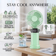 1 Foldable 3-in-1 Handheld Fan with LED Digital Display and 5 Adjustable Wind Speeds, Portable USB Rechargeable Fan with 90° Angle Adjustment and Whisper-Quiet Operation for Outdoor Travel Office and Daily Use