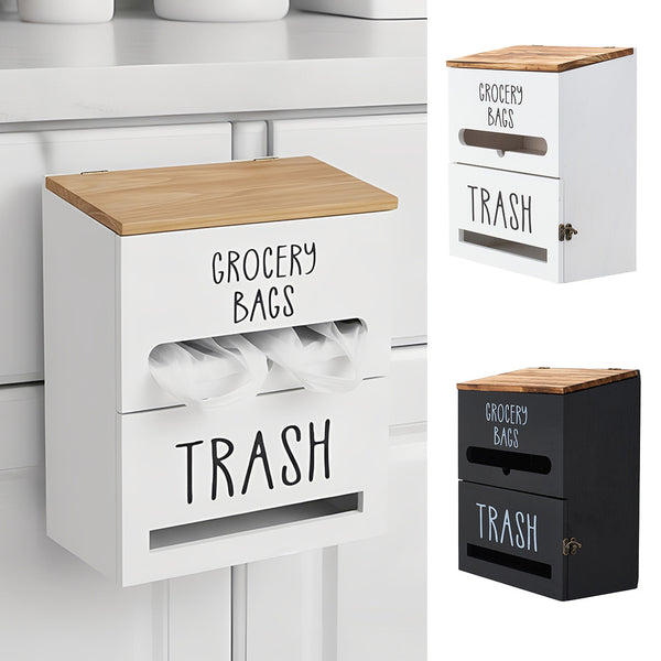 White/Black Two-Tier Wooden Trash Bag Storage Box Trash Bag Holder, Kitchen Plastic Wrap & Bag Organizer with Lid, Large Capacity Hanging Storage Container, Household Storage Accessories