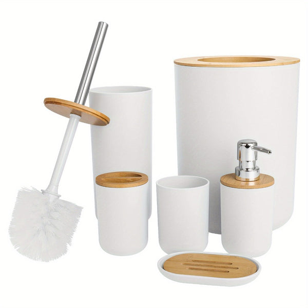 6pc Grey Black White Bathroom Accessories- Bathroom Bin And Toilet Brush Set- Durable Toothbrush Holder Cup- Soap Dispenser With Pump- Soap Dish Holder