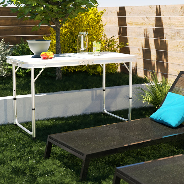 Folding Picnic Table Aluminum Camping Table Lightweight 3 Gear Adjustable Height Portable Folding Table with Carry Handle Adjustable Garden Outdoor Picnic Table Kitchen Work Top Table, White, 120x60x70/62/55cm