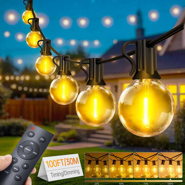 Outdoor Festoon Lights|LED Fairy Lights -65ft/100ft/150ft LED Garden String Light 20/30/45M+2 (Spare) Bulbs, IP65 WaterproofDimmable Timer G40 Bulbs Hanging Patio Lighting with Remote Control for Balcony Garden Gazebo Patio Awning Wedding Party (No Button