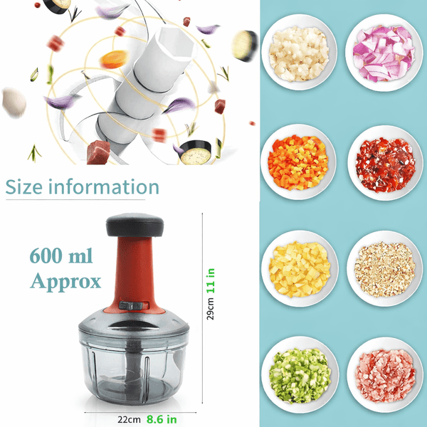 SUL Manual Food Chopper, Hand Pull/Push Chopper with Removable Blades and Non-Slip Base Food Chopper for Kitchen to Chop Fruits,Vegetables, Salad (Push Chopper (Red) 600ml)