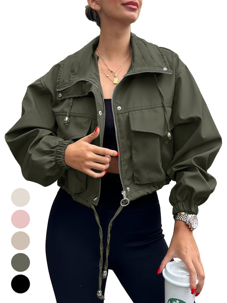 Womens Cropped Jacket Zip Up Lightweight Oversized Utility Anorak Coat with Pockets