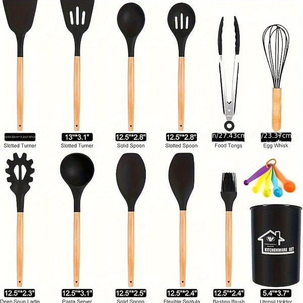 12pcs/22pcs Kitchen Utensils Set, Kitchen Cooking Utensils Set, Spoon, Spatula, 446F Heat Resistant Non Stick Food Grade Silicone And Wooden Handles, Kitchen Tools Set