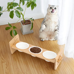 Pets Dog/Cat Bowls with Stand, 1/2/3 Bowls Adjustable Height Elevated Feeder Bowls for Cats and Small Dogs, Wooden Raised Feeding Bowls with Stand