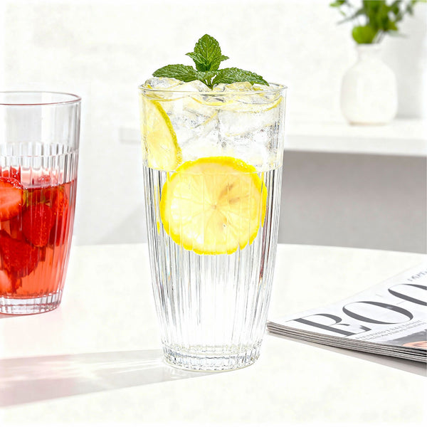 Set of 6 Clear Fluted Hi Ball Plastic Acrylic Drink Tumblers - Stackable Glasses for Picnics, BBQ’s, Poolside, Camping, Children’s Parties