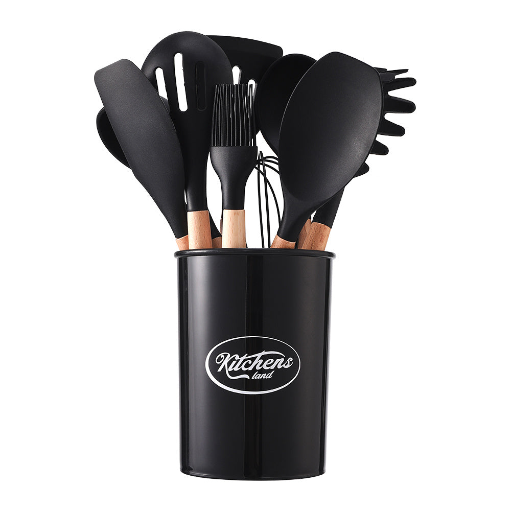 Kitchen Utensil Set, 11pcs Silicone Cooking Utensils Set With Wooden Handle, Nonstick Cookware Tongs Spatula Spoon Set, Best Kitchen Tools, Valentine'S Day Gifts Black, Holiday Gift Guide