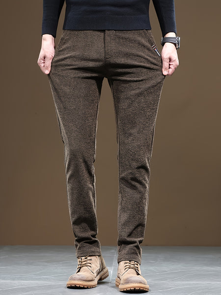 Autumn/Winter Men's Warm Casual Pants, Business Casual Slim-Fit Chenille Trousers, Solid Color