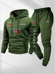 2pcs Cartoon NORWAY Letter Drawstring Hoodie and Sports Trousers Set | Casual Hooded, Slight Stretch Fabric, Patterned, Loose Fit for Men, Ideal for Fall/Winter