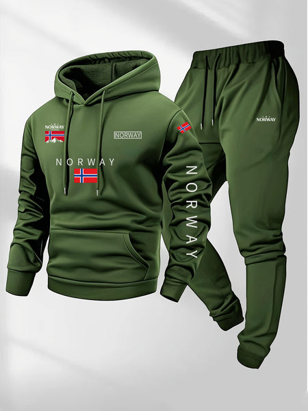 2pcs Cartoon NORWAY Letter Drawstring Hoodie and Sports Trousers Set | Casual Hooded, Slight Stretch Fabric, Patterned, Loose Fit for Men, Ideal for Fall/Winter