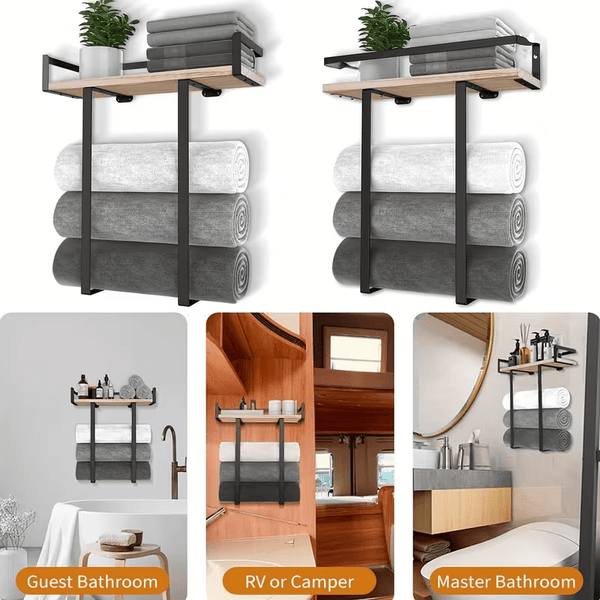 Wall-Mounted Towel Rack - Metal Towel Holder for Bathroom | Iron Shelf for Folding Large Towels, Contemporary Style, Suitable for Small Bathrooms or RV Camping