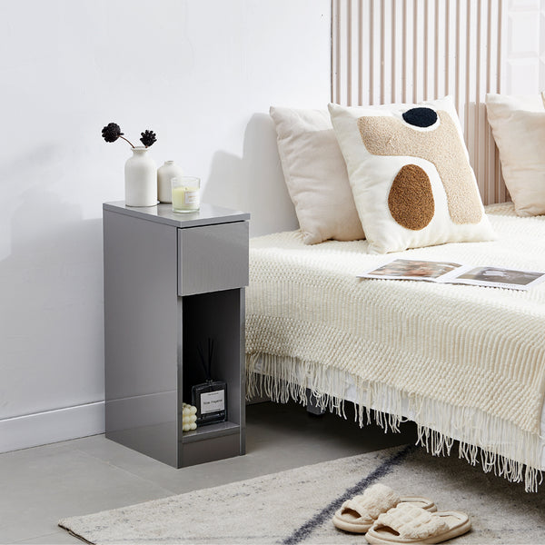 Slim Bedside Table, High Gloss Narrow Nightstand, Small Bedside Cabinet with Storage Space Saving for Bedroom Storage Unit, Living Room Small Sofa Side End Table