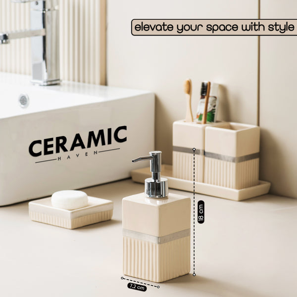 Ceramic Haven Elegance Collection | Set of 5 Luxury Bathroom Accessories | Soap Dispenser, Toothbrush Holder, Multipurpose Holder, Tumbler, Vanity Tray | Stylish Décor & Organizer