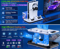 For Ps5/Slim/Pro Cooling Station Stand with Dual Controller Charging Station for Playstation 5 Console, for PS5 Additions Incl. Controller Charger, Cooling Fan, Headset Holder, 3 USB Hub
