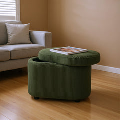 1pc Plush Teddy Round Upholstered Storage Ottoman Stool - 60x40x45cm Lidded Footrest with Hidden Storage Space | Multi-Functional Shoe Changing Bench for Living Room, Bedroom & Entryway | 3cm Black Plastic Legs (Green/White)