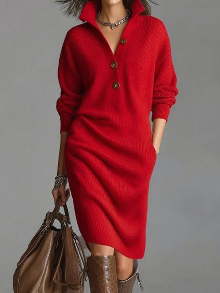 Solid Color Button- Collar Loose-Fit Dress - Straight Tube Mid-Length Dress Suitable for Office, Semi-Formal & Casual Attire - Machine Washable Dress