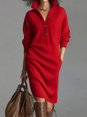 Solid Color Button- Collar Loose-Fit Dress - Straight Tube Mid-Length Dress Suitable for Office, Semi-Formal & Casual Attire - Machine Washable Dress
