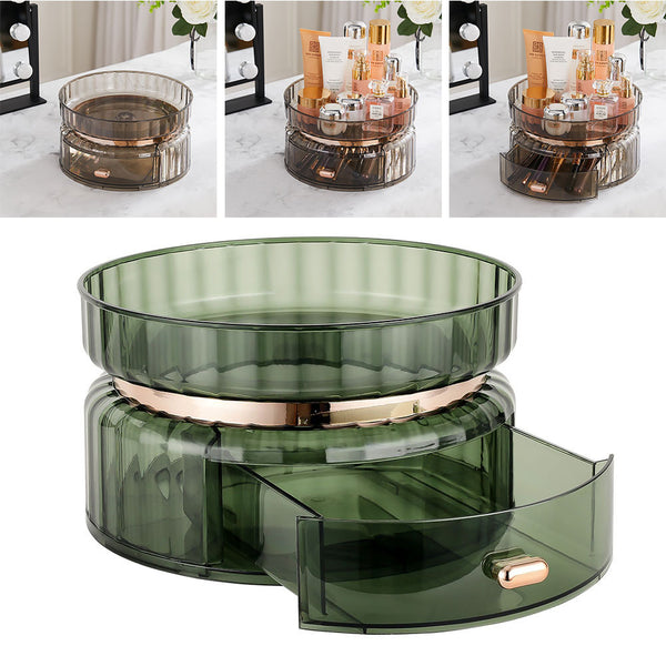 Skincare Exclusive Emerald Rotating Storage Box 25*14cm, 360° Desktop Rotating Storage Rack, with Drawer Large Capacity Cosmetic Organizer, Storage Box Suitable for Vanity Dresser Bathroom