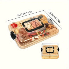 1-Piece Bamboo Cheese Tray with Transparent Acrylic Lid - Portable Charcuterie Board for Camping, Parties, Restaurants. Ideal for serving holiday appetizers, deli meats, and snacks. Reversible as a cutting board, with a secure snap-on lid to keep food fre