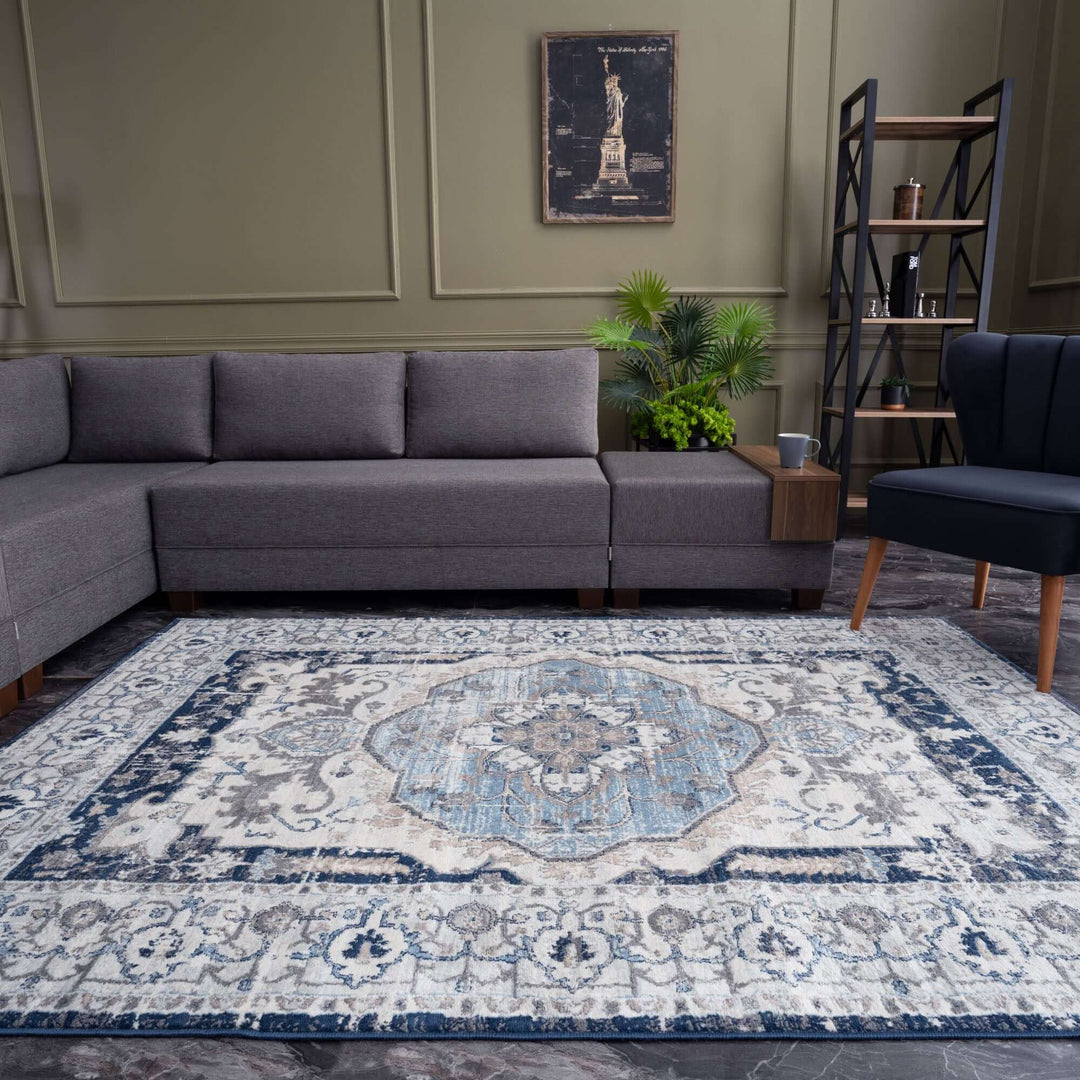 Montana Oriental Rug – Durable and Non-Shedding Area Rug for Living Room, Kitchen, Dining Room, Nursery, and Bedroom – Navy and Cream Colours – Easy Maintenance, Pet-Friendly.
