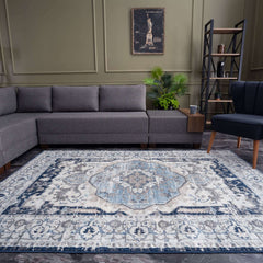 Montana Oriental Rug – Durable and Non-Shedding Area Rug for Living Room, Kitchen, Dining Room, Nursery, and Bedroom – Navy and Cream Colours – Easy Maintenance, Pet-Friendly.