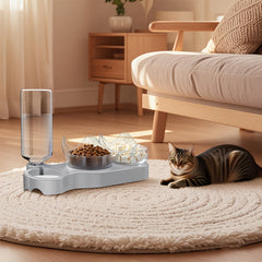 3-In-1 Pet Feeder, Pet Bowl, 40.01cm*9.3cm, Local Inventory Shipment, Triple Cat Bowl for Food And Water, Plastic Raised Cat Dish, Automatic Water Bottle, Food Bowl And Waterer Set, 15° Neck Guard, Dry And Wet Food Bowl Set for Cats