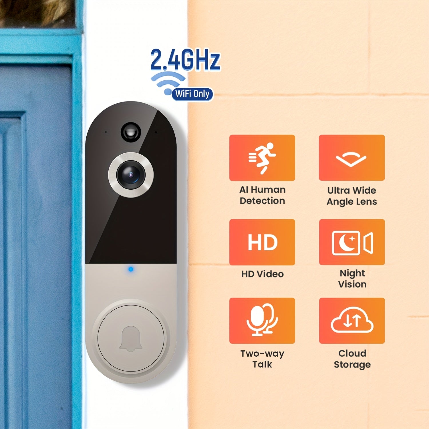 2K Wireless Video Doorbell Camera, AI Human Detection, Night Vision, Instant Alert, 2-Way Audio, 2.4G WiFi, Rechargeable Battery, Cloud Storage, Video Doorbell Camera Wireless, Video Camera Wireless Doorbell (Without Receiver)