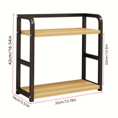 2-Tier Spice Rack Organizer for Kitchen Countertop - Wood & Carbon Steel Shelf for Spices, Jars, and Bottles - Maximize Space with Easy Assembly, Non-Skid Pads, and Durable Design, Condiment Holder | Smooth Rounded Edges, Spices Organizers And Storage