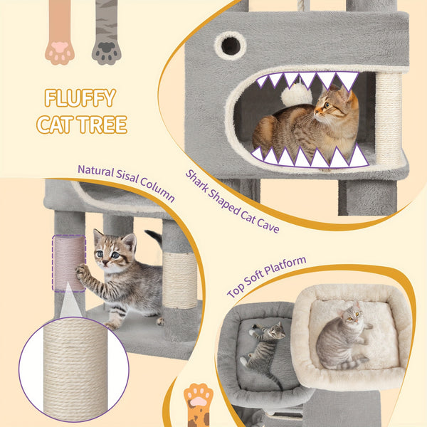 HZUANERI 180cm Multi-Level Cat Tree with 8 Scratching Posts, 3 Platforms, 2 Dens, Basket & Plush Balls - Durable Sisal Rope for Indoor Cats of All Sizes, Space-Saving Design for Climbing, Resting & Play, Cat Climbing Tower, Pet Activity Center, Modern Pet