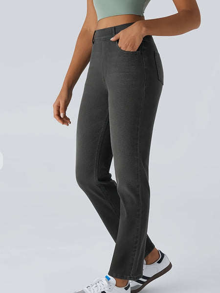 [Stretch High Waist Jeans] Stretch High Waist Multi-Pocket Straight Leg Jeans | Water-Washed Casual Pants, Machine Washable Solid Color Elegant Comfort for Spring/Summer
