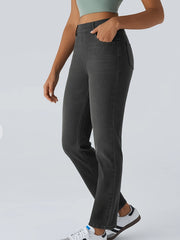[Stretch High Waist Jeans] Stretch High Waist Multi-Pocket Straight Leg Jeans | Water-Washed Casual Pants, Machine Washable Solid Color Elegant Comfort for Spring/Summer