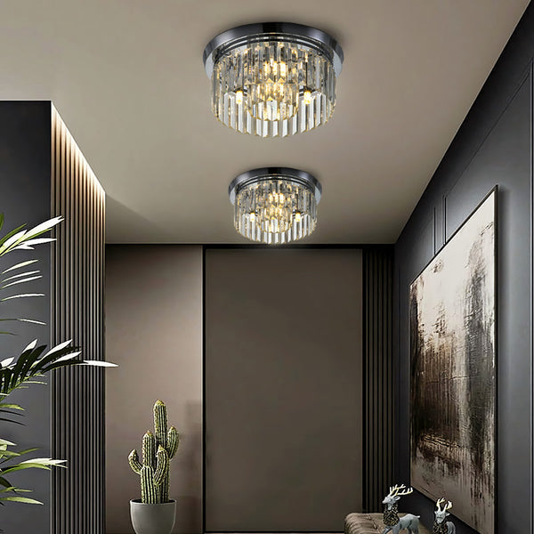 Modern Crystal Ceiling Lamp, Hanging Chandelier with Chrome Plated Iron Chassis, 4×G9 Bulbs, 30×30×14cm for Living Room, Bedroom, Dining Room & Corridor.