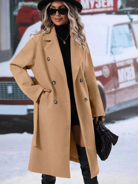 Women'S Elegant Double-Breasted Lace-Up Coat - Winter Trench Coat with Front Pockets, Structured Formal & Casual Outerwear for Fall/Winter, Chic Office, Party, Everyday Outfits - Durable Cold Weather Clothing, Ladies Winter Coats, Party Attire, Sophistica