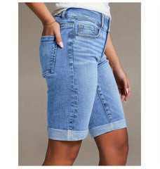 Women'S 2026 Summer New Stretchy High-Waisted Tummy Control Denim Shorts, Light Blue Washed with Pockets Slim-Fit Cuffed Casual Shorts, Comfortable Spring/Summer Ladies' Jeans Pants for Travel And Work - Boyfriend-Style Shorts