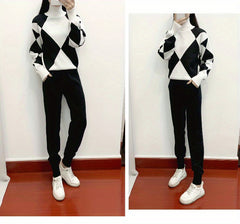 Women'S New Arrival Autumn/ Winter 2024 Casual Check Pattern Sweater Set - Style Trendy Two-Piece Outfit, Long Sleeve, Square Neck, Color Block, Drawstring, Pants, Casual Wear|Check Pattern Top|Drawstring Pants, Sweater Set